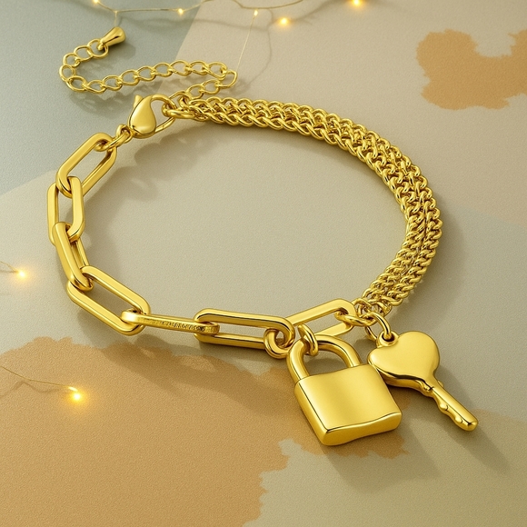 🆕️ Minimalist Padlock Heart Key Bracelet 18K Gold Plated Stainless Steel - Picture 1 of 11